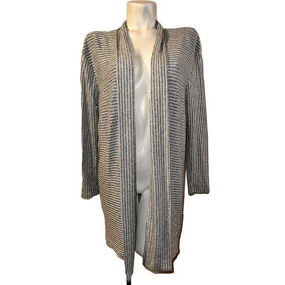 BANANA REPUBLIC Sweater Women's Size M Black Grey Ribbed Stripe Open LS Cardigan - Picture 1 of 6